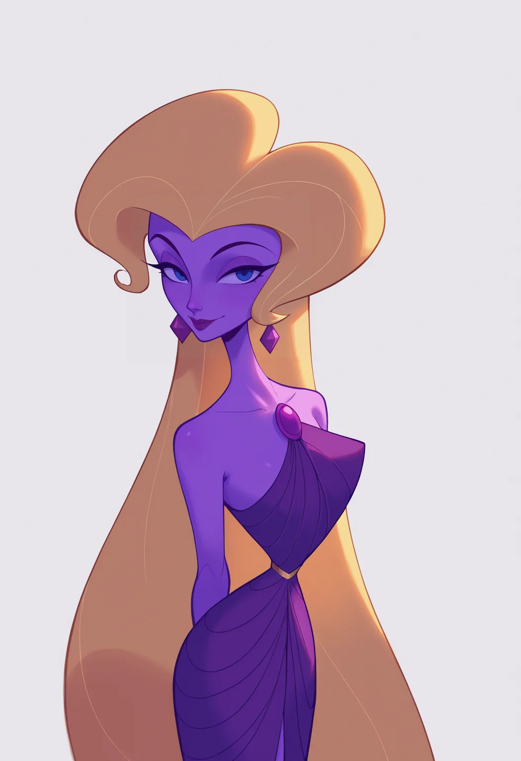score_9, score_8_up, score_7_up, score_6_up, score_5_up, score_4_up, BREAK,
1girl, aphrodite, blonde hair, long hair, blue eyes, purple skin, colored skin, earrings, lipstick, makeup,
purple dress,
arms behind back, upper body, smile, looking at viewer, solo, simple background, white background <lora:AphroditeXL:1>