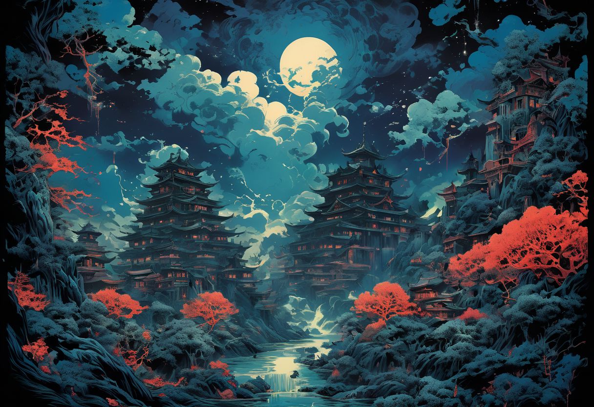 Anime illustration inspired by the four elements of nature, reminiscent of the style of James Jean, the iconic Goku from Dragon Ball navigates a port city setting, depicted in a poster format akin to the detailed atmospheric portraits of John Pitre, combining elements of deathcore and biopunk horror art. The dark and intricate scene unfolds with unique illustrations and precisionist oil painting techniques, incorporating airbrushed mystical landscapes and intricate psychedelic details, all in a palette of dark azure and red, evoking a witchcore aesthetic.