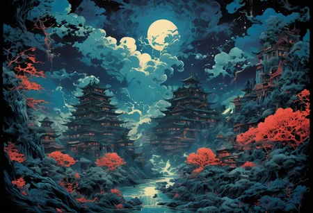 Anime illustration inspired by the four elements of nature, reminiscent of the style of James Jean, the iconic Goku from Dragon Ball navigates a port city setting, depicted in a poster format akin to the detailed atmospheric portraits of John Pitre, combining elements of deathcore and biopunk horror art. The dark and intricate scene unfolds with unique illustrations and precisionist oil painting techniques, incorporating airbrushed mystical landscapes and intricate psychedelic details, all in a palette of dark azure and red, evoking a witchcore aesthetic.