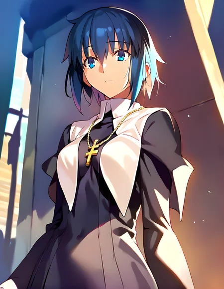 <lora:pony_xl_ciel:0.8>,ciel,score_9,score_8_up,score_7_up,source_anime,1girl,breasts,nun,dress,long sleeves,cross necklace,necklace,cityscape,midnight,cowboy_shot,