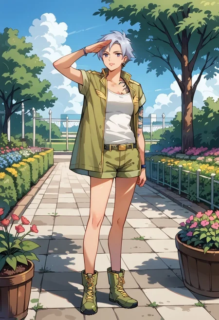 score_8, score_8_up, score_7_up, source_anime, 1girl, solo, female focus, Helena_CF, silver hair, short hair, bangs, asymmetrical hair,  asymmetrical earrings, ear piercing, earrings, mole under eye, neck tattoo, arm tattoo, military uniform, collared jacket, green jacket, short sleeves, open jacket, white tank top, shorts, green shorts, bracelet, single bracelet, wrist belt, boots, green footwear, full body, standing, salute, outdoors, garden, tree, flowers,