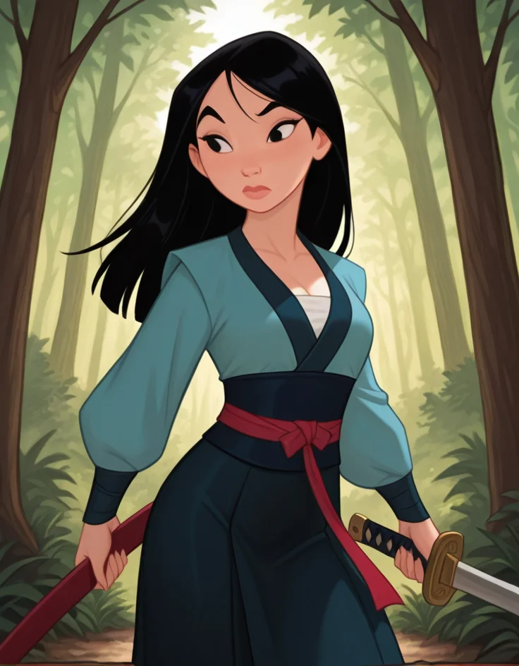 masterpiece, best quality, amazing quality, very aesthetic, absurdres, newest, detailed background, cowboy shot, 4k, 8k, forest,
mulanxd, 1girl, weapon, sword, solo, black hair, black eyes, holding, holding sword, long sleeves, holding weapon, long hair, japanese clothes, medium breasts,
<lora:Mulan_-_Disney_Illustrious:1>