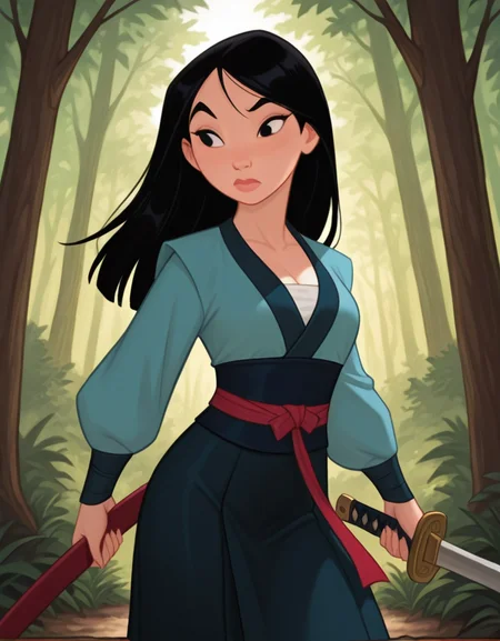 masterpiece, best quality, amazing quality, very aesthetic, absurdres, newest, detailed background, cowboy shot, 4k, 8k, forest,
mulanxd, 1girl, weapon, sword, solo, black hair, black eyes, holding, holding sword, long sleeves, holding weapon, long hair, japanese clothes, medium breasts,
<lora:Mulan_-_Disney_Illustrious:1>