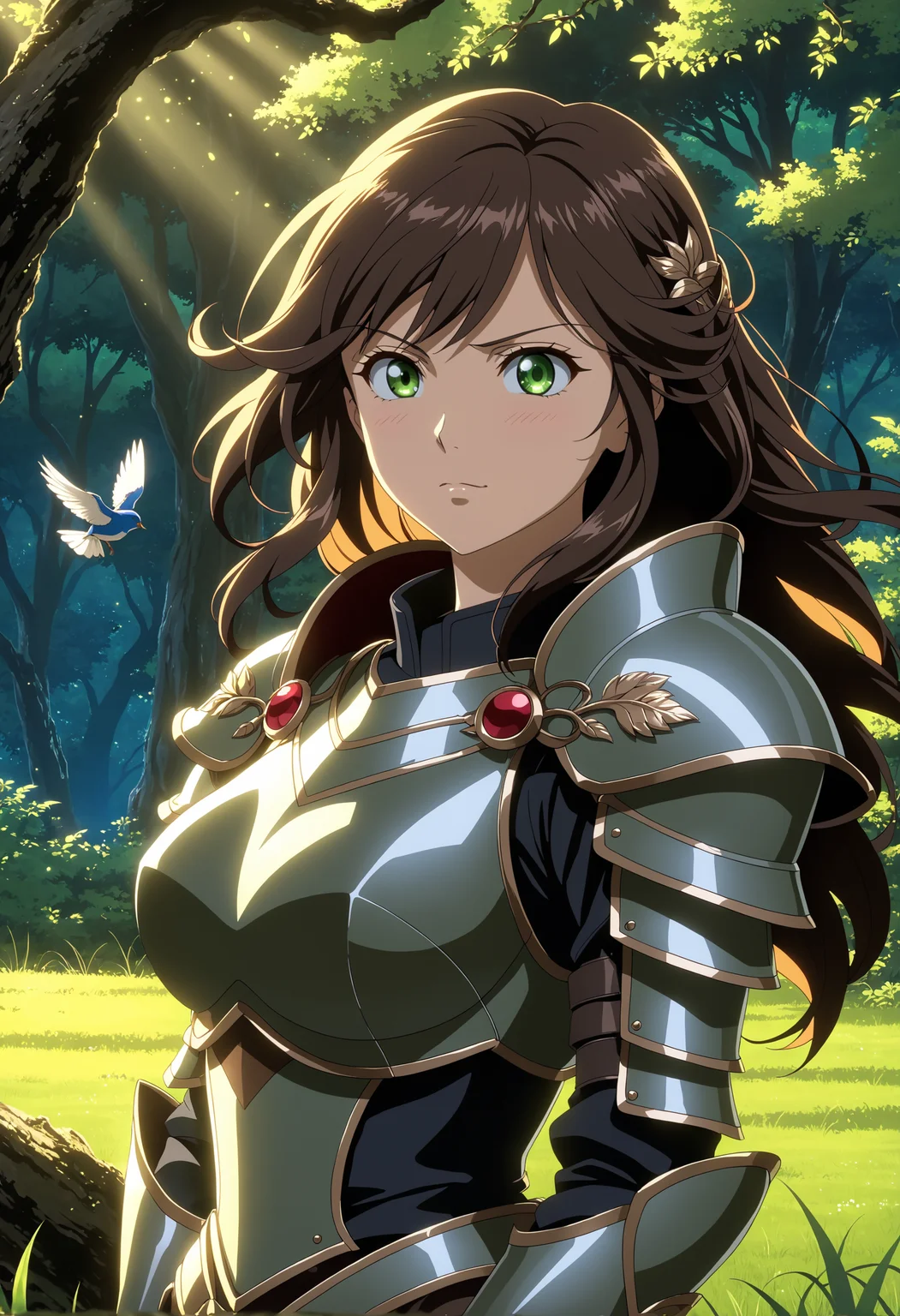anime screencap, beautiful detailed anime girl, dark forest background, intense gaze, wind blowing through hair, dynamic lighting, dramatic pose, armor, fantasy setting, intricate details.
Chiaroscuro lighting – Strong contrasts between light and dark, creating a dramatic effect.Brightly colored birds perched on branches – Brings in elements of wildlife and sound.A small clearing with soft, green grass – Provides a focal point within the dense forest.Hands gently resting at the sides, standing with a soft, peaceful expression