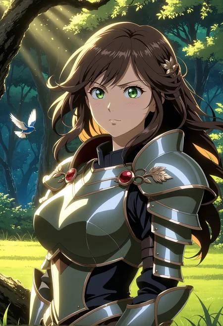 anime screencap, beautiful detailed anime girl, dark forest background, intense gaze, wind blowing through hair, dynamic lighting, dramatic pose, armor, fantasy setting, intricate details.
Chiaroscuro lighting – Strong contrasts between light and dark, creating a dramatic effect.Brightly colored birds perched on branches – Brings in elements of wildlife and sound.A small clearing with soft, green grass – Provides a focal point within the dense forest.Hands gently resting at the sides, standing with a soft, peaceful expression