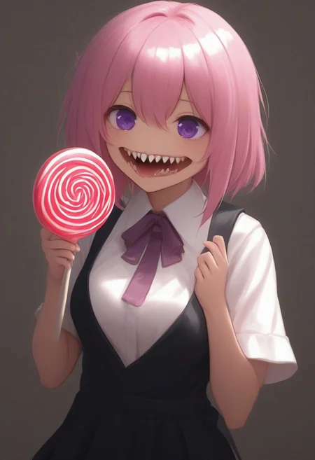 CivChan, purple eyes, pink hair,
(licking a giant lollipop made from teeth, made_from_teef:1.5)