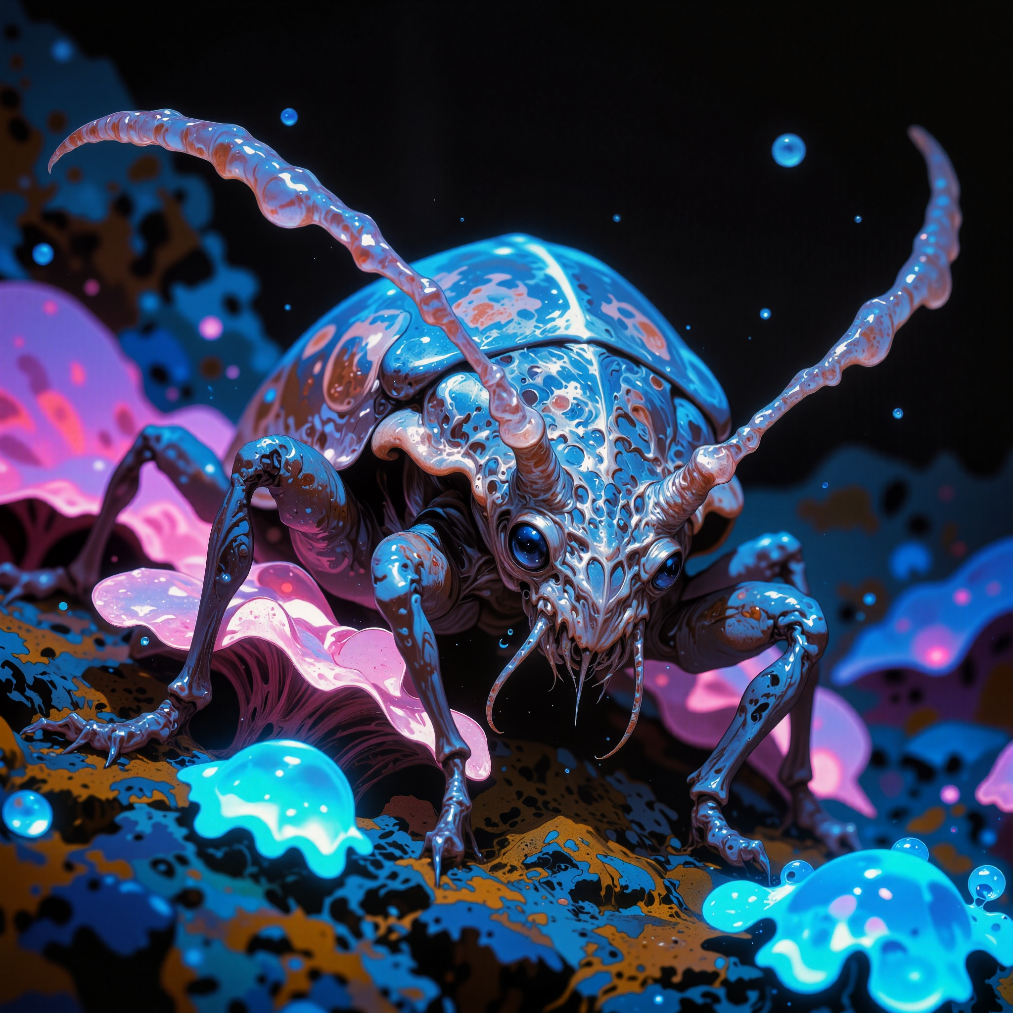 captivating and marvellous scenery on a distant world, award-winning macro photo, short depth of field, hyper realistic, ultra high definition, dim lighting, at night,  bioluminescence, subsurface scattering, the wee "grubby naggerbug" is a smackwinkeling marvel found in the damp, lumiglistening caves of the dimly lit world "blunderward x". this bioluminescent invertebrate sports a swallorfluxed, translucent carapace that refracts faint light into shimmering rainbows. its jinkleboggling antennae are very sensitive to the cave's eternal vibrations, allowing it to detect both predators and its favored food, the elusive "mossycling sparklemites." the creature's habitat features undulating walls of glistening stalagshimmer and faintly glowing fungal blooms, creating a truly snuggleflanking ecosystem, creature focus, very aesthetic, extremely detailed, ultra high resolution, 8k, 4k, harmonising colors, anthrazit grey and deep teal and royal purple and ivory and night blue and bordeaux red, ovg, in the style of ckpf, frank frazetta, amanoer, <lora:style-frank_frazetta-flux-by_artikuz_ai:0.36> <lora:style-yoshitaka_amano-elden_ring-flux-by_alicient:0.72> <lora:style-painterly_fantasy-flux-by_chronoknight:0.72> <lora:style-retro_anime-flux-by_lizardman245:0.2>