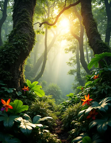 A vibrant, lush jungle scene captured in the golden glow of sunlight filtering through the dense canopy. Towering tropical trees dominate the frame, their trunks wrapped in thick, winding vines and moss. The sunlight pierces through gaps in the leaves, creating dramatic shafts of light that illuminate the rich greenery below.
The foreground features large, dew-covered leaves glistening in the light, with delicate ferns and undergrowth forming a layered composition. Brightly colored flowers, such as orchids or heliconias, add splashes of vivid red, orange, and purple, contrasting against the deep emerald tones. In the background, hints of a misty haze linger, adding depth and a sense of mystery to the jungle.
The scene is alive with texture: the rough bark of tree trunks, the velvety softness of moss, and the glossy surfaces of tropical leaves. The sounds of distant bird calls and the rustling of leaves in the gentle breeze are almost palpable, creating a sense of immersive serenity.
Technical Details for Photography Rendering:
Camera: Canon EOS R5
Lens: RF 24-105mm f/4L IS USM
Settings: 35mm focal length, f/4 aperture, ISO 400, 1/160s shutter speed
Lighting: Natural sunlight with soft dappled highlights and shadows, enhanced by the slight haze in the atmosphere for added depth.
<lora:Phlux:0.5>