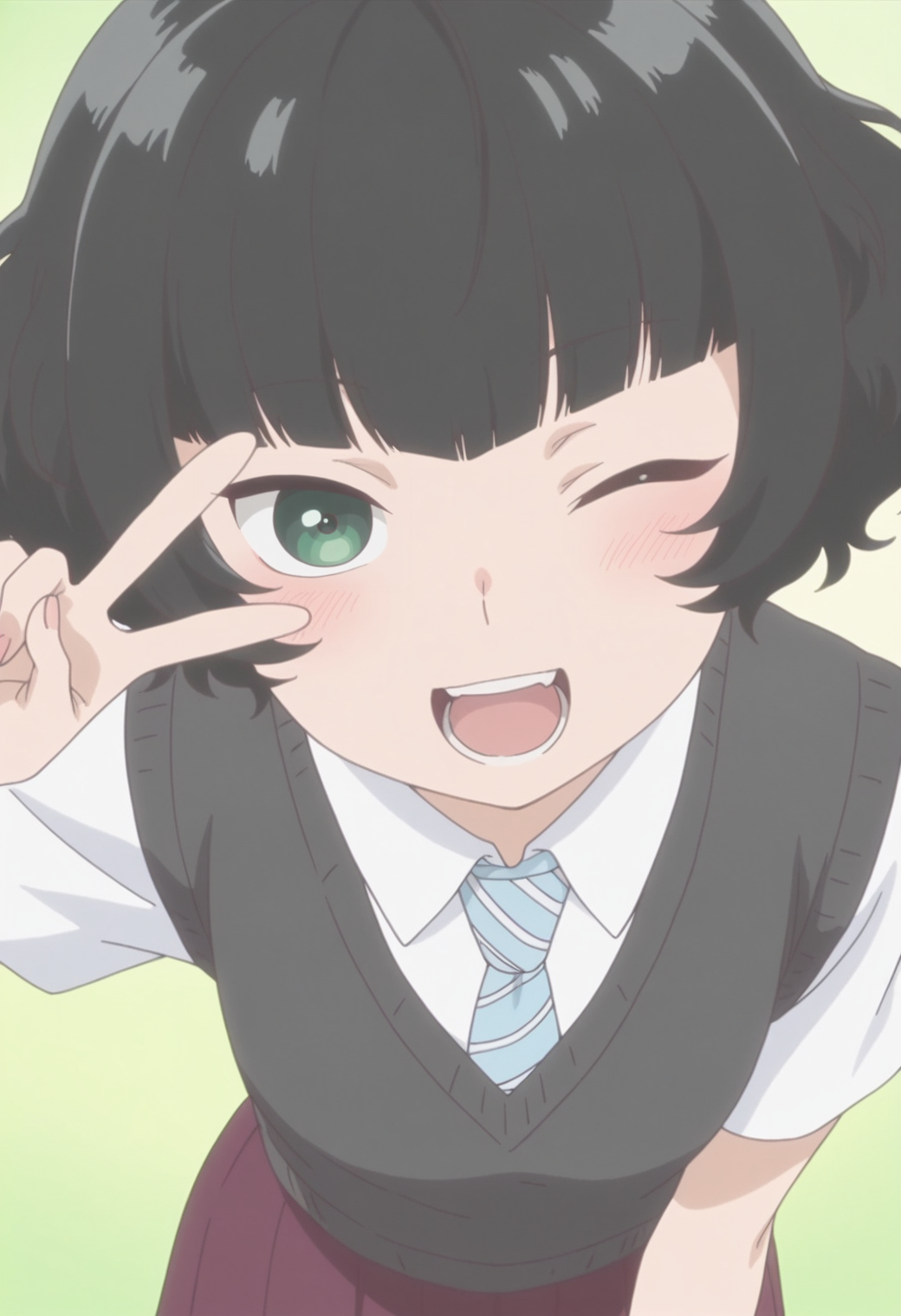 anime screencap, anime coloring,   <lora:DX888Hitoha:1> hongou hitoha, green eyes, black hair,short hair, blunt bangs, BREAK school uniform, white shirt, striped necktie, sweater vest, skirt, socks,  BREAK simple background,  green background, BREAK  1girl, blush, leaning forward, solo,  v, open mouth, happy,  v over the eye, (upper body:1.2), one eye closed, teeth,
