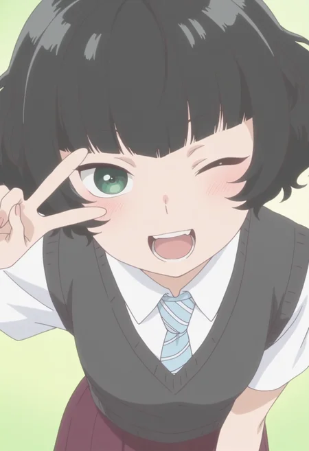anime screencap, anime coloring, <lora:DX888Hitoha:1> hongou hitoha, green eyes, black hair,short hair, blunt bangs, BREAK school uniform, white shirt, striped necktie, sweater vest, skirt, socks, BREAK simple background, green background, BREAK 1girl, blush, leaning forward, solo, v, open mouth, happy, v over the eye, (upper body:1.2), one eye closed, teeth,