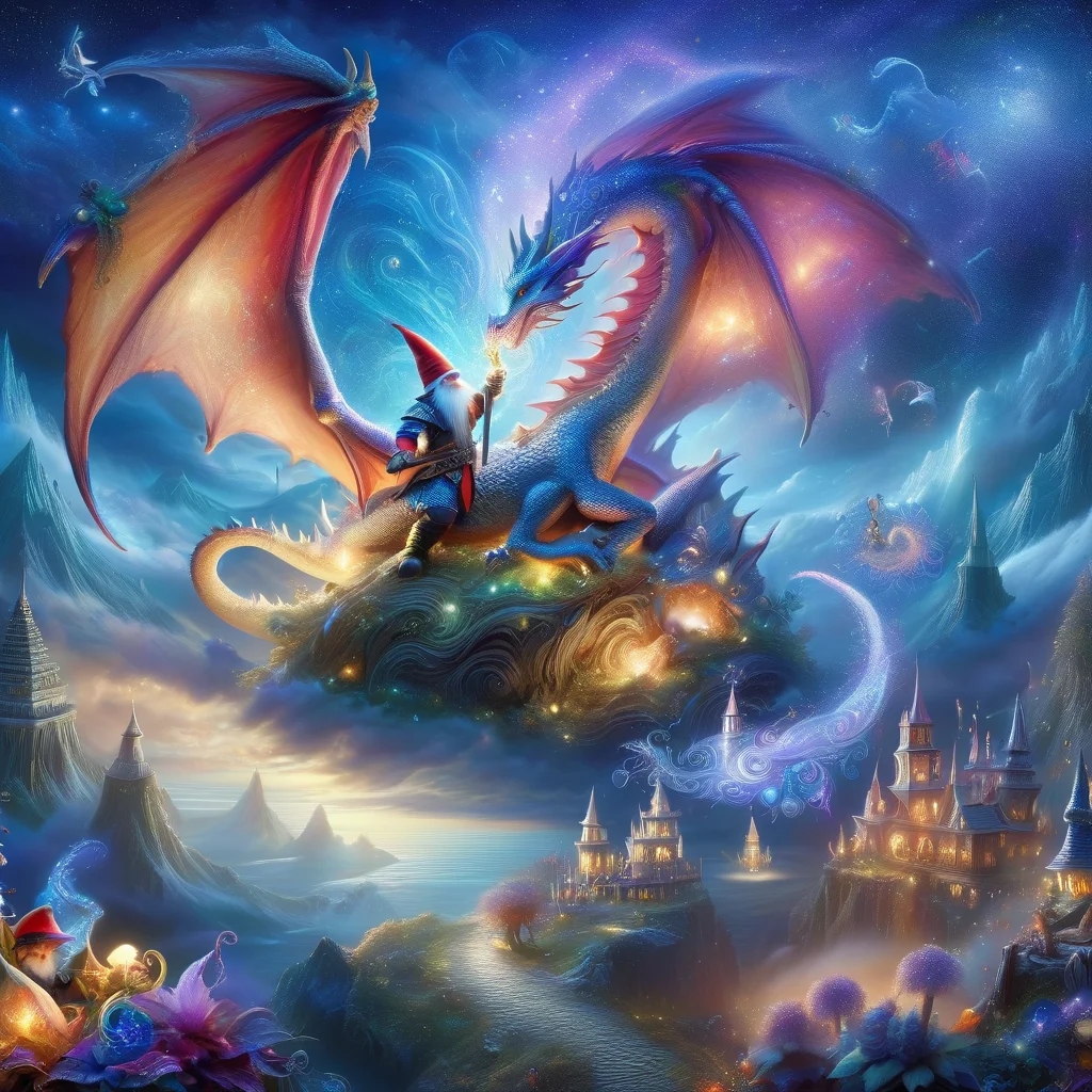 (best quality)++, (masterpiece)++, (detailed)+, elf on the shelf fighting a Dragon, (fantasy illustration)1.3, enchanting Dragon, elf on the shelf, mystical design, (many gnomes)1.4 (whimsical charm).4 Otherworldly charm, mystical sky, (Luis Royo)1.2, (Yoshitaka Amano)1.1, moonlit night, soft colors, (detailed cloudscape)1.3, (high-resolution)1.2 (gnomes everywhere)1.2 , <lora:DonM3t3rn1tyXL-v1.1:0.8> DonM3t3rn1tyXL <lora:DonMD1g174l4sc3nc10nXL:0.8> DonMD1g174l4sc3nc10nXL <lora:Dragons:0.8> dragon <lora:EnvyMagicalXL01:0.8> magical <lora:FantasyLandscape:0.8> FanLan