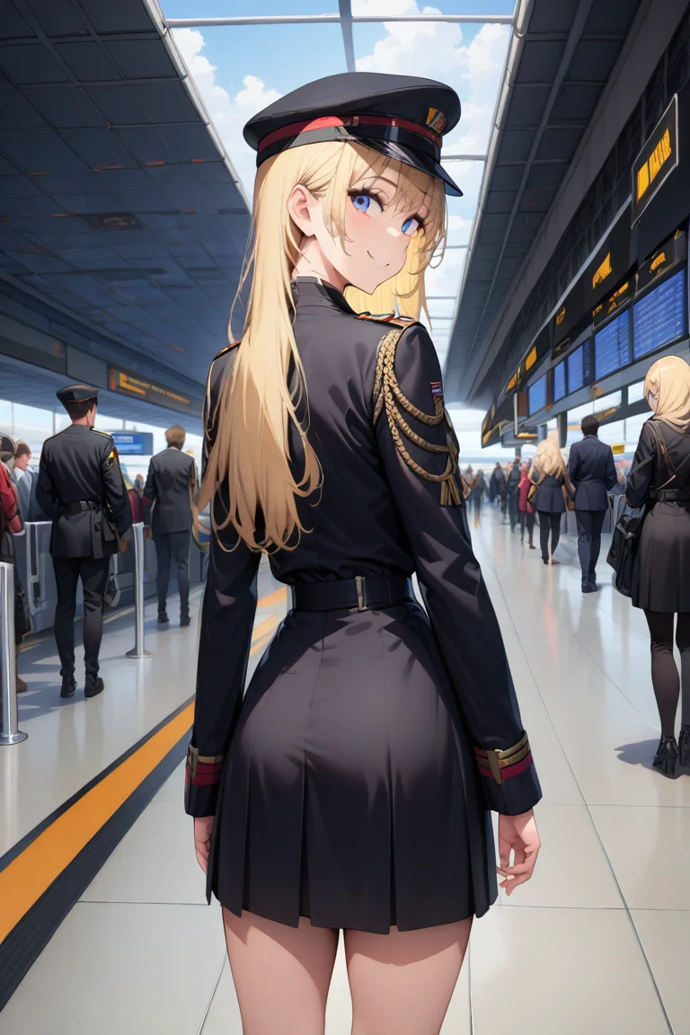 (masterpiece), (high detail),1girl, solo, blond hair, blue eyes,long hair, body, outdoors, from back, good hand,looking at viewer, obilonian empire, obilonian empire military uniform, hat, <lora:Obilonian_Empire_Military_Uniform:0.8>,skirt plate. high detail eye, airport, smile,
