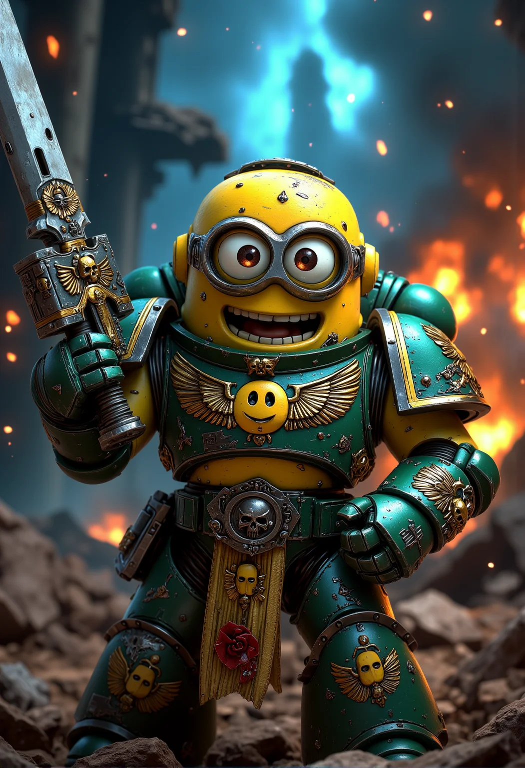 space marine. A determined Minion with a mischievous smile dressed in battle-worn Space Marine armor, chipped but proudly showing Minion insignia and banana-themed purity seals. The Minion is without a helmet (no helmet:2.0), showcasing their iconic Minion goggles, expressive eyes, and wide smile. The Minion is wielding a plasma gun that looks overly powerful, with smoke coming out and bright warning symbols. The Minion is depicted in a scene such as: standing triumphantly on a pile of rubble, raising a chainsword high, banana insignia glinting in the light. The Minion's expression is shouting fiercely with eyes wide, adding to the comical feel. The scene should be depicted in a colorful but gritty Warhammer 40k style, with bright yellows and blues to emphasize the Minionsâ classic color scheme. The armor and weapons are detailed with ornate designs, but humor is maintained through Minion-themed accessories and comical touches. Witty details include: a Minion Chaplain wearing a robe, with a giant yellow smiley face badge pinned to it. Background elements should resemble classic Warhammer 40k settings but with a humorous Minion twist, such as: a war zone with banana crates mixed among the supply crates, Minions occasionally peeking out. , <lora:sm2.safetensors:1.0:1.0>