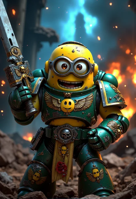 space marine. A determined Minion with a mischievous smile dressed in battle-worn Space Marine armor, chipped but proudly showing Minion insignia and banana-themed purity seals. The Minion is without a helmet (no helmet:2.0), showcasing their iconic Minion goggles, expressive eyes, and wide smile. The Minion is wielding a plasma gun that looks overly powerful, with smoke coming out and bright warning symbols. The Minion is depicted in a scene such as: standing triumphantly on a pile of rubble, raising a chainsword high, banana insignia glinting in the light. The Minion's expression is shouting fiercely with eyes wide, adding to the comical feel. The scene should be depicted in a colorful but gritty Warhammer 40k style, with bright yellows and blues to emphasize the Minionsâ classic color scheme. The armor and weapons are detailed with ornate designs, but humor is maintained through Minion-themed accessories and comical touches. Witty details include: a Minion Chaplain wearing a robe, with a giant yellow smiley face badge pinned to it. Background elements should resemble classic Warhammer 40k settings but with a humorous Minion twist, such as: a war zone with banana crates mixed among the supply crates, Minions occasionally peeking out. , <lora:sm2.safetensors:1.0:1.0>