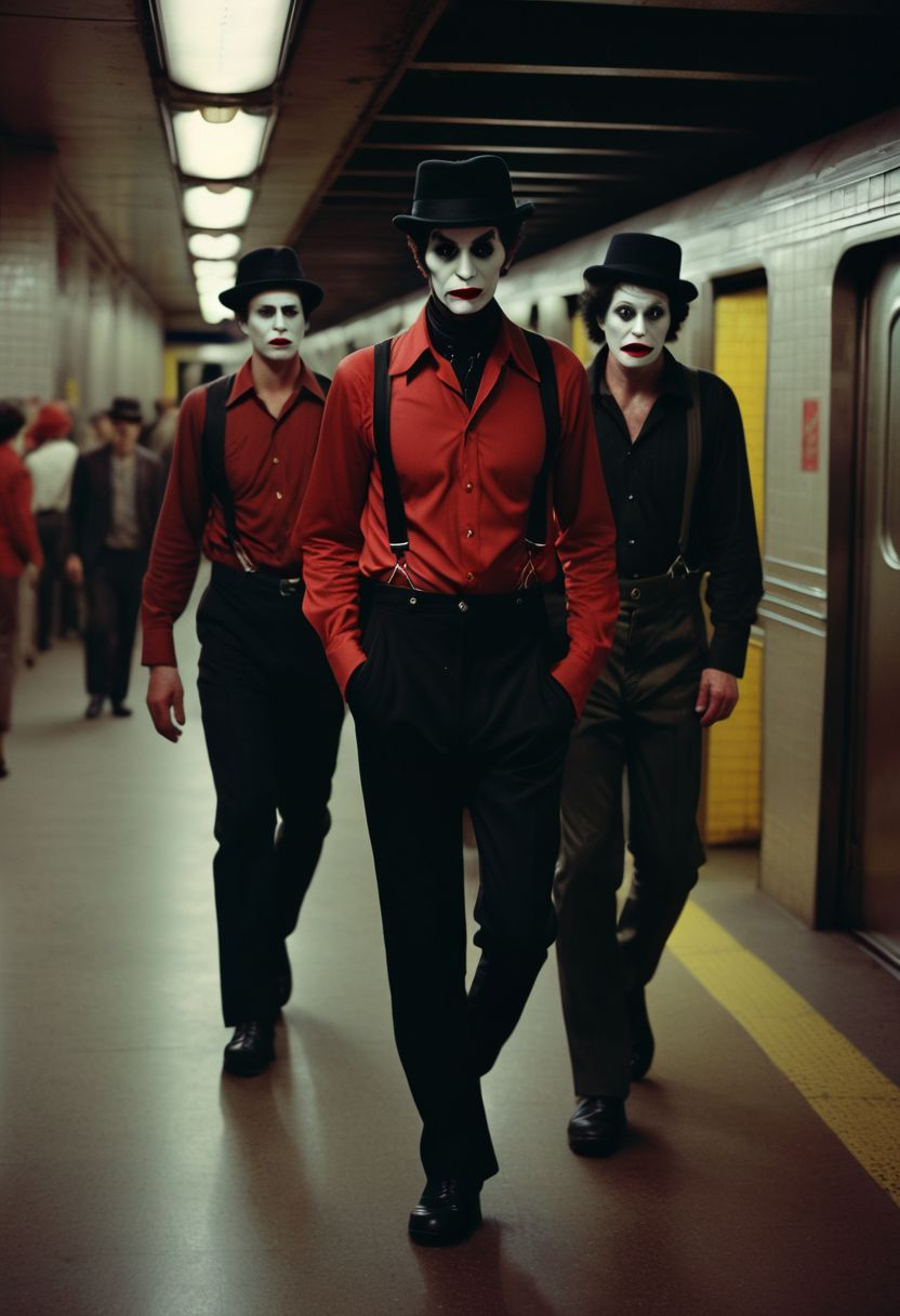 cinematic shot of gang walking in subway station, dystopian 1970s New York, menacing gaze, wearing black-pants, suspenders, high hat, mime whiteface, red-shirt, dramatic shadows, high resolution