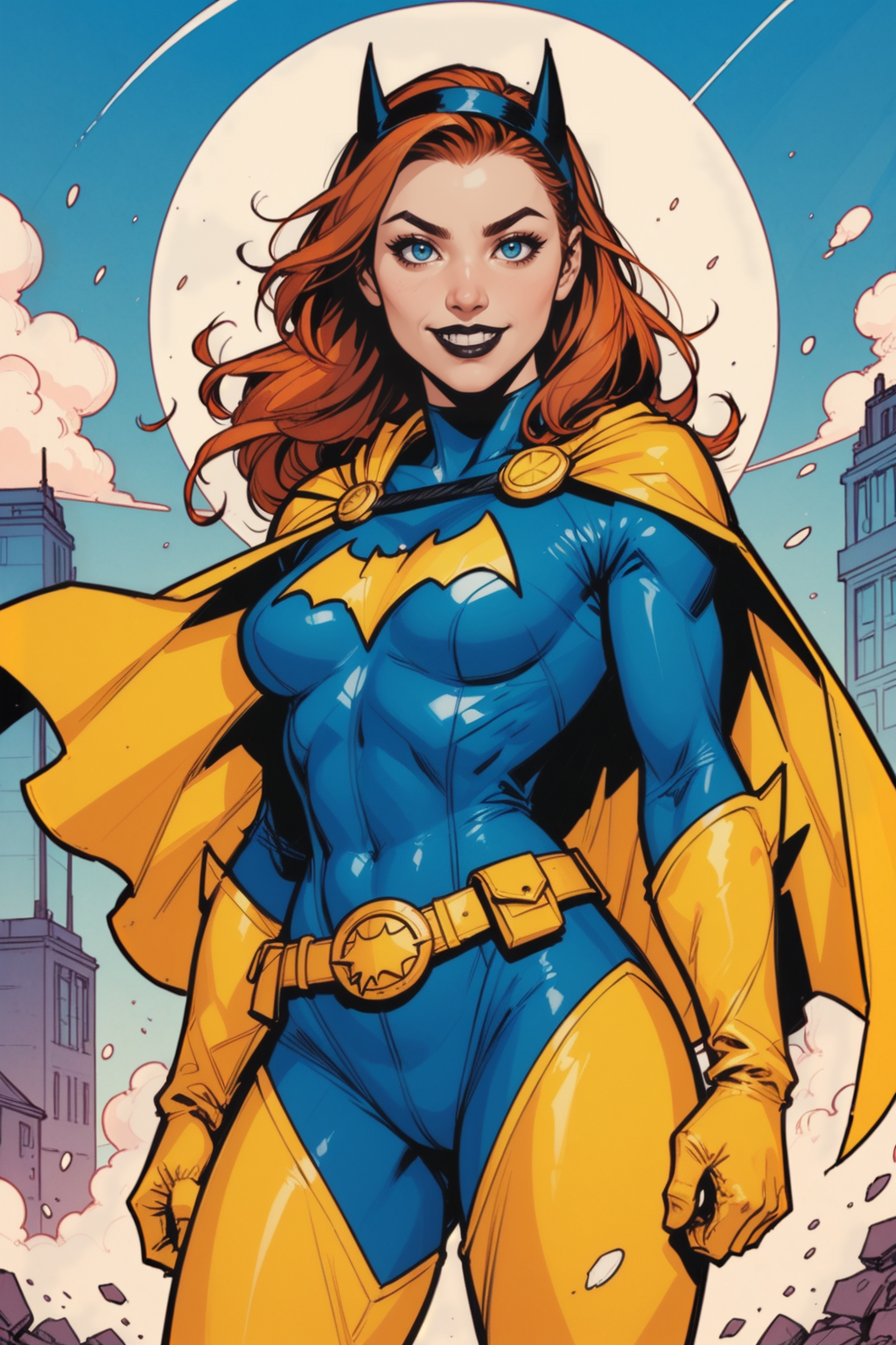 1girl, gloves, blue eyes, cape, solo, smile, bodysuit, mask, long hair, black lips, lipstick, contrapposto, breasts, brown hair, looking at viewer, makeup, belt, superhero, animification, medium breasts, hairband, yellow gloves, yellow cape, red hair, orange hair
batgirl, bat symbol, logo, <lora:Expressive_H:0.5>, score_9, score_8_up, score_8_up, a_Comic_Illustration, rough lines with ink, (drawn:1.1), (sketch:1.5), (crosshatching:1.25), (comic style:1.1), graphic novel style, sharp lines, hires, zstyle, (western comics \(style\):1.1), (hatching \(texture\):1.2), zPDXL, Mr_Monster_Possitive, beautiful detailed eyes, extreme details eyes,  perfect anatomy,, 1girl, thighs, cowboy shot