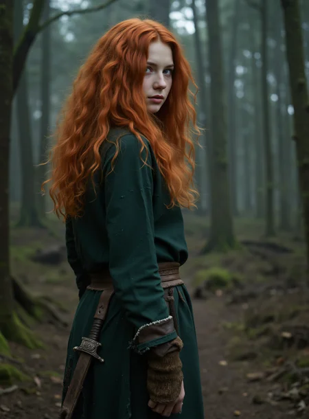 Fiery-haired young Scandinavian 18yo woman standing in a misty ancient forest, captured in a dramatic three-quarter profile pose, looking over her shoulder with alert, piercing blue eyes. Her wild, voluminous very long curly red hair cascades freely, glowing against the muted woodland background. She wears a rugged, weathered dark green tunic with frayed edges and coarse texture, belted at the waist with a wide, worn leather belt featuring a detailed metal buckle and a sheathed dagger. The scene is atmospheric, cinematic, with soft diffused twilight light filtering through tall mossy trees, evoking a fantasy woodland setting, highly detailed, sharp focus, realistic textures, natural tones, moody lighting