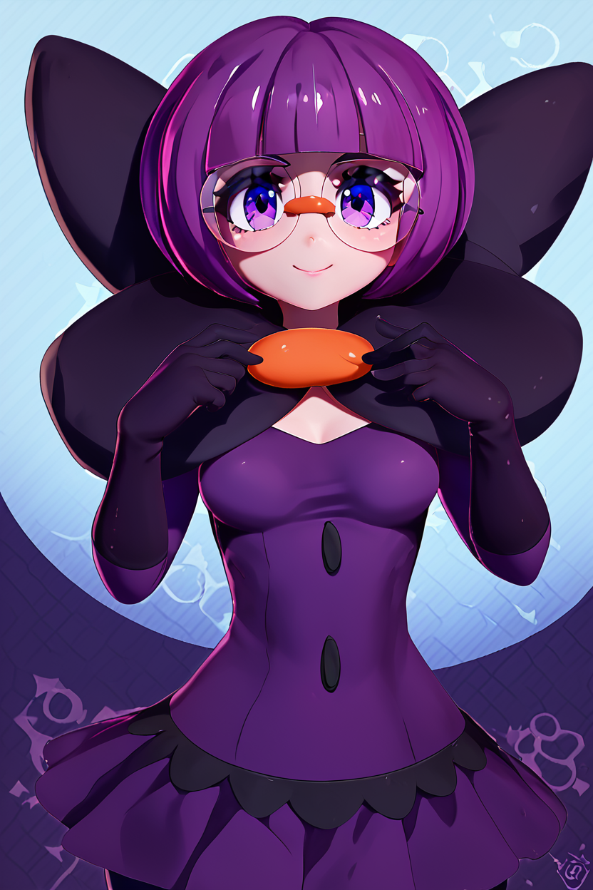 score_9, score_8_up, score_8, medium breasts, (curvy), cute, eyelashes,       ,,, , ,,, zzShauntal, purple eyes, bob cut, glasses, round eyewear, short hair, blunt bangs, purple hair, elbow gloves, purple skirt, skirt, bow, dress, large bow, <lora:Shauntal_Pokemon_PDXL:1.0>,  ,,,, BREAK, smile, looking at viewer, cowboy shot, ,,, embedding:zPDXL, Expressiveh, ,,, <lora:Zy0n7_PDXL:0.8>, <lora:SDXLFaeTastic2400:0.5>, <lora:Expressive_H-000001:0.4>,