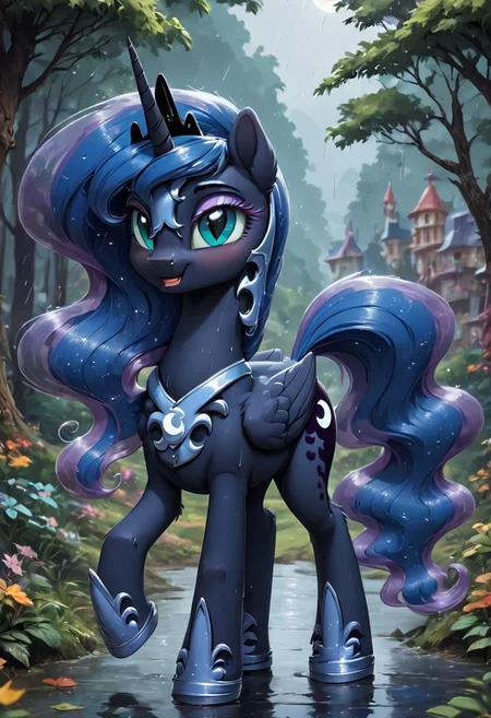 score_9, score_8_up, score_7_up, ( nightmare moon princess Luna mlp1.2), cute very fuzzy, necklace forest background city rainy weather full body view cutie mark