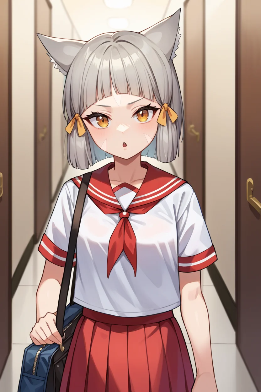 score_9, score_8_up, score_7_up, score_6_up, source_anime BREAK 1girl, <lora:nia-pdxl-nvwls-v1-000006:1> rndNia, cat ears, grey hair, short hair, blunt bangs, facial mark, hair ribbon, white t-shirt, red sailor collar, neckerchief, red pleated skirt, hallway, holding bag, looking at you, chestnut mouth