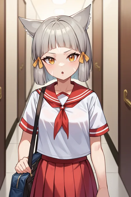 score_9, score_8_up, score_7_up, score_6_up, source_anime BREAK 1girl, <lora:nia-pdxl-nvwls-v1-000006:1> rndNia, cat ears, grey hair, short hair, blunt bangs, facial mark, hair ribbon, white t-shirt, red sailor collar, neckerchief, red pleated skirt, hallway, holding bag, looking at you, chestnut mouth