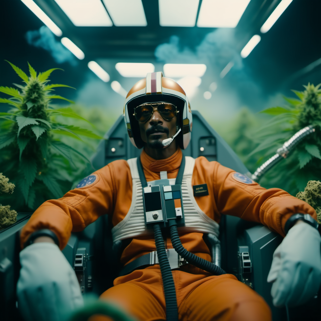 cinematic photo Snoop Dogg  wears gloves, orange and white spacesuit, helmet removed, a lot of smoke, surrounded by marijuana plants, in cockpit, in space  <lora:StarWars1024:0.8> . 35mm photograph, film, bokeh, professional, 4k, highly detailed