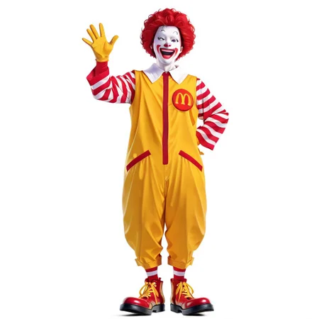 masterpiece, best quality, very aesthetic, absurdres, white background, simple background, 1boy, RonaldMcDonald, clown, pale white skin, red nose, yellow jumpsuit, red and white striped sleeves, red and white striped socks, red clown shoes, yellow shoelaces, yellow gloves, red seamed pockets, shirt collar, red hair, afro, facepaint, red lips, waving, mouth open, :D, real-life