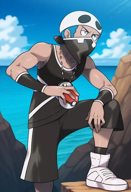 0up, source_anime BREAK 1boy, Team_Skull_Grunt_M, Beanie, Mask, Necklace, Black tank top, Black bottomwear, Sneakers, Forearm jewelry, Black socks, Blue Eyes, looking at you, ocean, blue sky,, holding poke ball \(basic\),