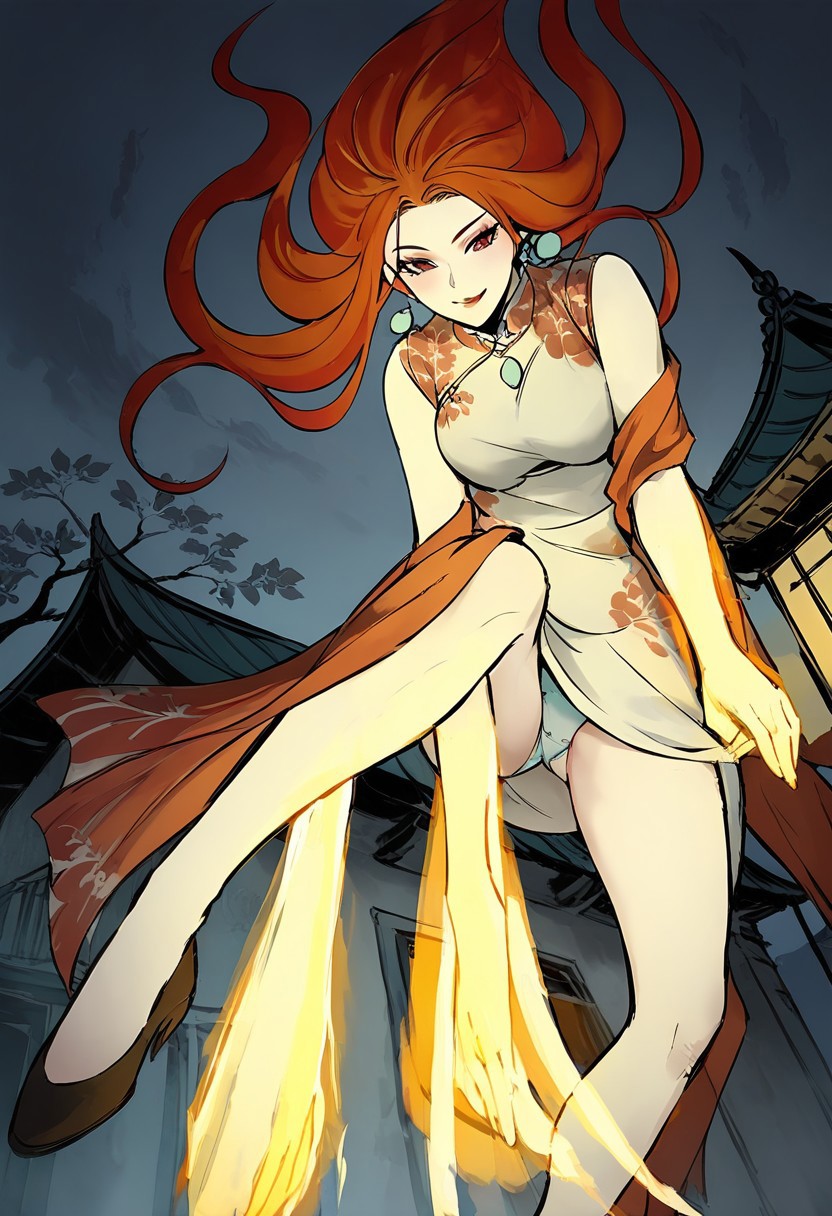 score_9, score_8_up, score_7_up,(very aesthetic:1.2),masterpiece ,high quality,detialed,best quality,perfect anatomy,beautiful detailed eyes
BREAK
from below,pov,full shot,wide shot,
BREAK
b1f4ngl0ng,red eyes,orange hair,floating hair,seductive smile
BREAK
hand on own arm,fire,yellow hand,looking down,step on, leg up ,showing panties,upskirt
BREAK
chinatown,night,