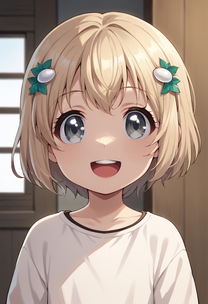 score_9, score_8_up, score_7_up, source_anime,latina, 1girl, solo, looking at viewer, smile, short hair, open mouth, blonde hair, hair ornament, :d, child, grey eyes