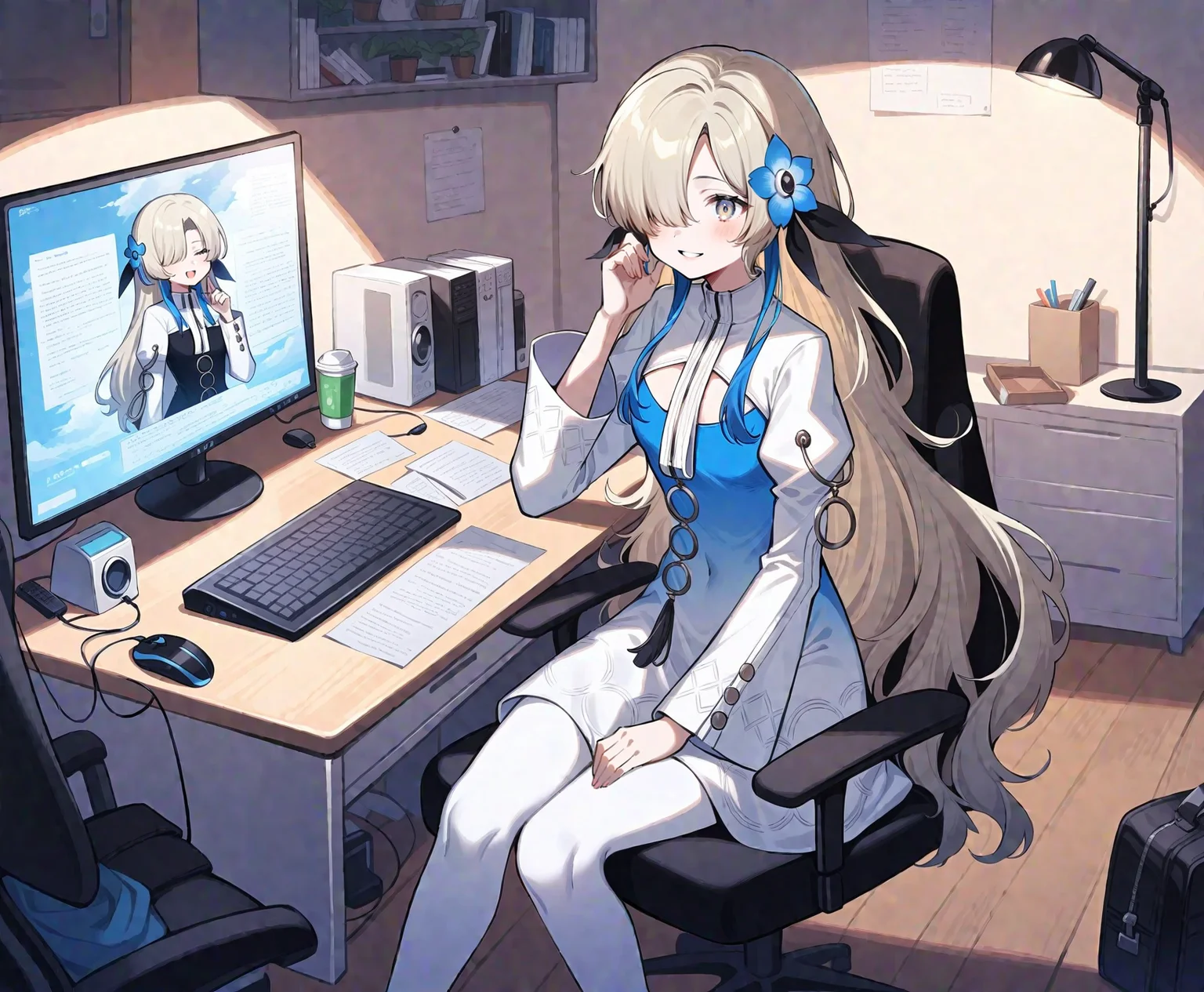 1girl, isekaijoucho, isekai joucho,
blue hair flower, gray wavy long hair, hair over one eye, multicolored hair, white blue two-tone dress, blue white gradient dress, puffy long sleeves, white pantyhose, high heel boots,
A YouTuber girl is talking to a computer screen on a desk, sitting on gaming chair, mic on desk, (holding, holding mic:-1.2), smile, looking away, looking at screen,
indoor, cozy girl's room, youtuber, streamer,
masterpiece, best quality, very aesthetic, safe,
<lora:neg4all_bdsqlsz_xl_V91:1>, <lora:Isekaijoucho_anmgn31_D-B:0.6>