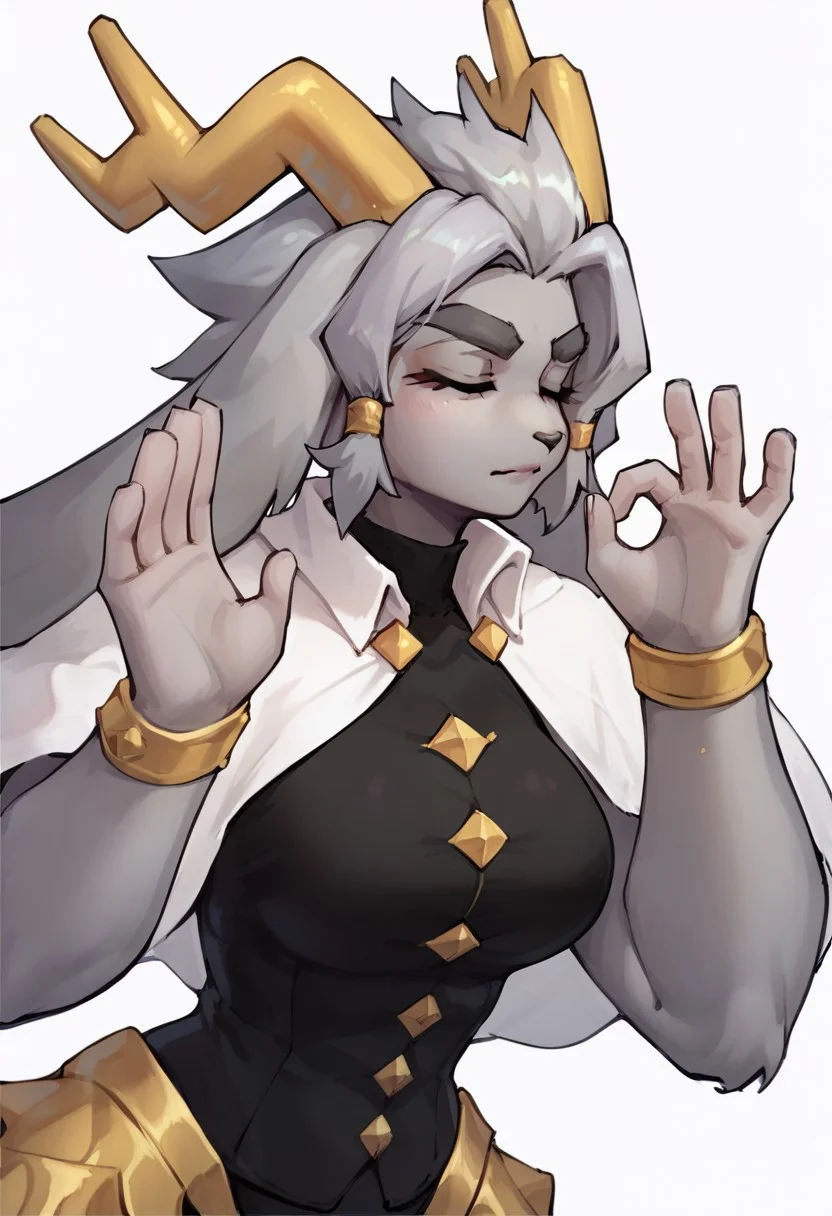 solo, 1girl, score_9, score_8_up, score_7_up, sybil (((pachameme, hands up))), ok sign, closed eyes(pseudoregalia), thicc, Grey fur, grey hair, bangs, blue eyes, floppy ears, jackalope, shawl, leg armor, (black tight pants))), empty hands carrying nothing, Fixhand, close up, animal nose 