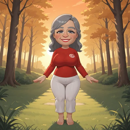 score_9, score_8, BREAK, solo, wii, mii, wii sports, 1girl, female mii, old woman, gray hair, gray eyebrows, gray eyes, blush, red lips, lipstick, teeth, red clothing, white pants, barefoot, JoanaWSC, cute, breasts, nintendo mii, modern_mii, classic_mii, tall, adult female, mature female, big breasts, sexy pose, self portrait, smile, looking at viewer, outdoors, sunlight, shadows, evening lighting, natural lighting, forest, trees, grass, orange sky, sunset