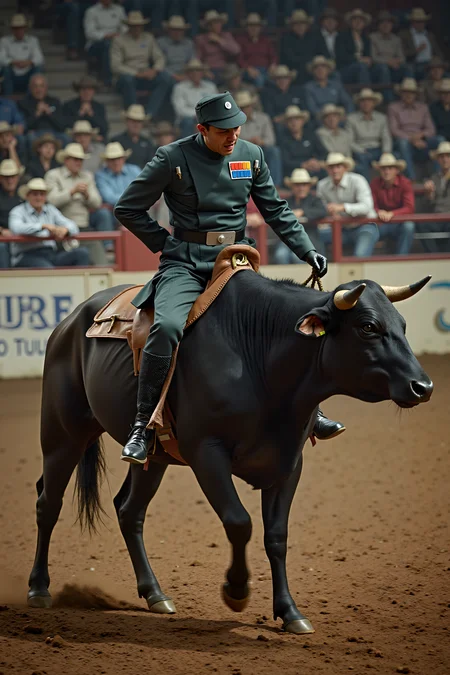In the middle of a chaotic rodeo arena, an imperial officer sits atop a massive, thrashing bull, gripping the rope with one gloved hand while keeping the other hand behind their back in perfect discipline. Their face remains unreadable despite the wild bucking of the animal beneath them. Their cap, impossibly, stays firmly in place, even as dust and dirt fly up around them. Cowboys leaning against the fence watch in disbelief, some clutching their hats, as the officer effortlessly maintains their balance with the same authority as if commanding a fleet.<lora:IMPOFF_FLUX>