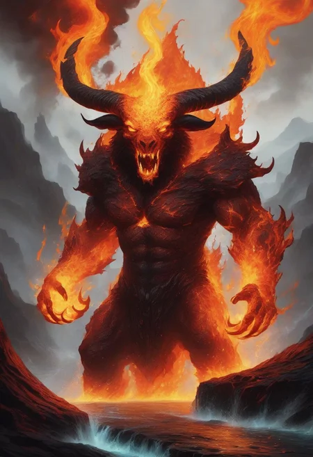 ferrous fire breathing, ghoulish, ghastly horned elemental in a hellish fiery lava filled environment. decimating everything in rage all around it. A lone figure using magic to manipulate water to extinguish fires. OverallDetailXL