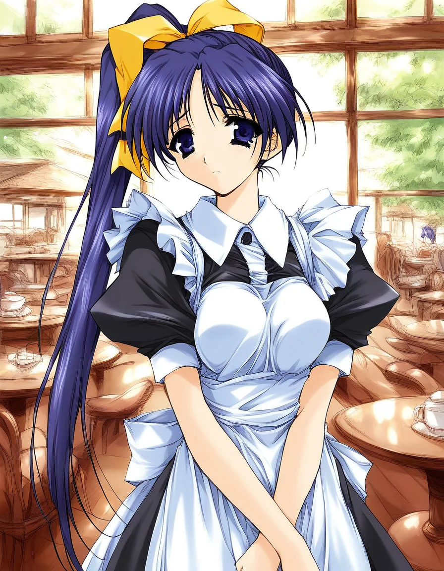score_9, score_8_up, score_7_up, source_anime, rating_explicit, BREAK  <lora:Itou_Noemi_XL:1> ItouNoemi, long hair, blue hair, blue eyes, hair bow, side ponytail, yellow bow, purple hair, ponytail, hair ribbon, purple eyes, breasts,
solo,  sad, closed mouth, v arms, cowboy shot, 
maid, frill, cafe,