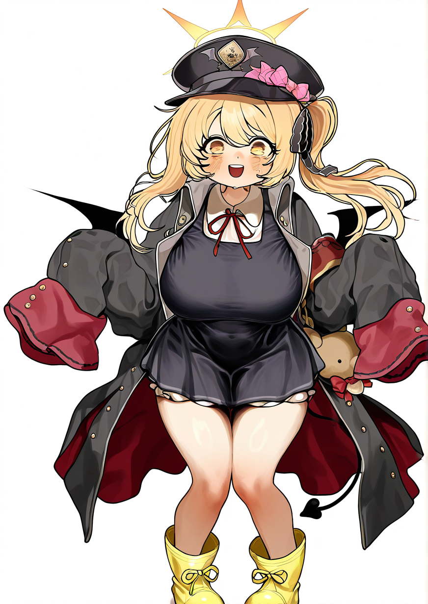 <lora:Chroong:1>,1girl, ibuki \(blue archive\), huge breasts, wide hips, black coat, black dress, black hat, black tail, black wings, blonde hair, blush, boots, coat, collared shirt, demon tail, demon wings, dress, hair between eyes, hat, long hair, neck ribbon, open clothes, open coat, open mouth, peaked cap, red ribbon, ribbon, shirt, side ponytail, sleeves past fingers, sleeves past wrists, smile, solo, tail, white shirt, wings, yellow eyes, yellow footwear, 
very awa, masterpiece, best quality, highres, absurdes,amazing quality,year 2024,newest