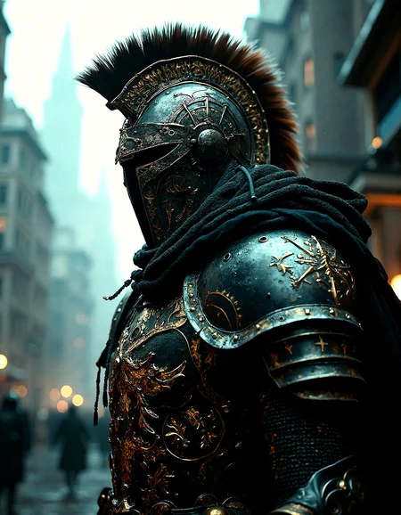 Gothic art with dark tones and intricate details, featuring a figure in detailed armor sharp trojan spike on helmet with cyberpunk elements, set against a moody, atmospheric cityscape. The scene is lit with dramatic lighting and high contrast, highlighting the medieval influences and ornate designs, with sharp shadows and textured surfaces. The composition includes gold embedded within the armor and surroundings, adding a haunting beauty with no depth of field for sharp detail throughout.



