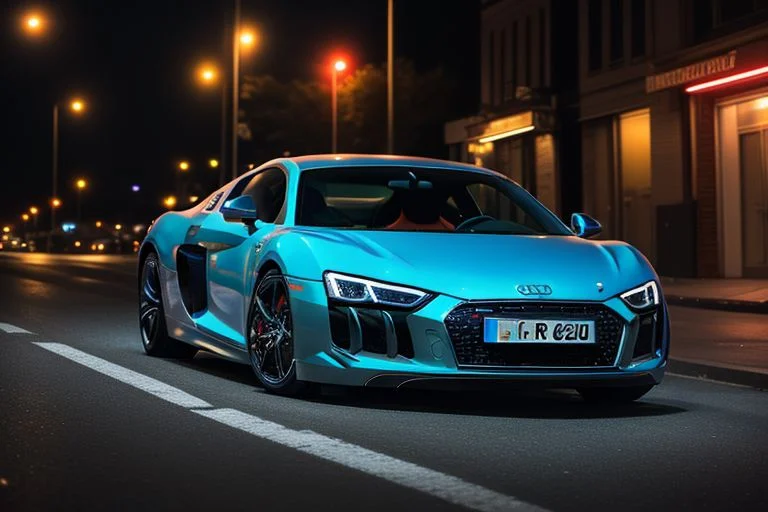 cars fantastic orange, [Audi R8], speed, intricate detail ,neon city background, city background, night, HD. Photograph , in table((realism)), extremely high quality RAW photograph, ultra detailed photograph, sharp focus, high resolution, (detailed skin:1,3),high quality, film grain, Fujifilm XT3,Highly Detailed, movie, (Cinematic Photo:1.3) of (Realistic:1.3)