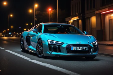 cars fantastic orange, [Audi R8], speed, intricate detail ,neon city background, city background, night, HD. Photograph , in table((realism)), extremely high quality RAW photograph, ultra detailed photograph, sharp focus, high resolution, (detailed skin:1,3),high quality, film grain, Fujifilm XT3,Highly Detailed, movie, (Cinematic Photo:1.3) of (Realistic:1.3)