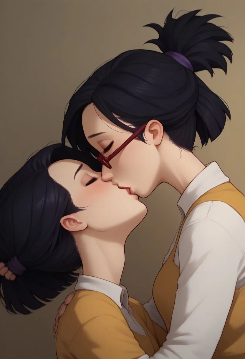 score_9, score_8_up, score_7_up, score_6_up, score_5_up, score_4_up, 2girls, kissing, lesbian, yuri, Kiss, portrait, romantic, loving, BREAK,
2girls, kissing, lesbian, yuri, K1m_S1, black eyes, dark purple hair, half ponytail, updo, short height, no glasses,
BREAK,
2girls, lesbian, kissing, Kiss, kira_finster, short hair, black hair, bangs, make up, glasses, lipstick, tall height,