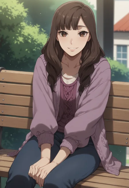 score_9, score_8_up, score_7_up, highres, high res image, 20yo, masterpiece, 1girl, solo, bright colors, detailed face, detailed eyes, anime style, parkbench, sitting, on bench,
<lora:UeharaTsubaki:1>, UeharaTsubaki, Tsubaki, brown hair, brown eyes, curled hair, long hair,  pants,
gentle smile, looking at viewer, purple sweater