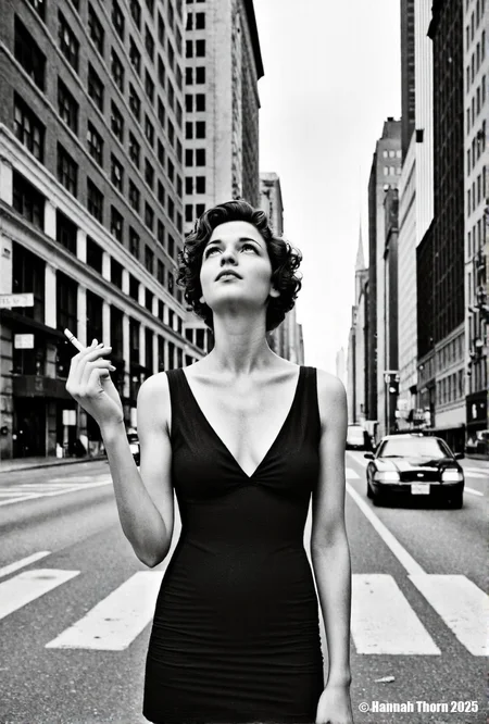 A realistic black and white photograph of a young beautiful brunette woman standing on a city street, wearing a black v-neck dress, with short curly hair, holding a cigarette in her hand, looking up at the sky, with tall buildings in the background, cars driving on the street, street signs on the buildings, daytime, medium shot, detailed face, realistic skin texture, film grain, high resolution, natural lighting, dramatic shadows, shot with a Leica camera, 50mm lens, f/2.8 aperture, 1/250 shutter speed, ISO 200, shot on Kodak Tri-X 400 film., <lora:_Flux\_Photographer\Helmut_Newton-000001.safetensors:0.8300000000000002:0.8300000000000002> <lora:_Flux\_Skin_Appearance\detailifier_flux-000006.safetensors:0.8300000000000002:0.8300000000000002> <lora:_Flux\_Skin_Appearance\Old_Beauty.safetensors:0.7500000000000001:0.7500000000000001>, A stunning black and white portrait of a young woman, her face partially obscured by a strip of 35mm film. The film runs vertically, bisecting her face, with the individual frames visible and adding an intriguing layer to the composition. Her expression is serene, eyes gazing slightly off-camera, framed by dark, wavy hair. The lighting is soft and diffused, creating subtle shadows that accentuate her features. The background is a soft, out-of-focus white, drawing attention to the subject. The overall mood is artistic and contemplative, evoking a sense of classic Hollywood glamour. The image is reminiscent of vintage photography, with a timeless quality. The contrast between the smooth skin and the textured film adds visual interest. The composition is simple yet effective, creating a captivating and memorable image., <lora:_Flux\_Photographer\Helmut_Newton-000001.safetensors:0.8300000000000002:0.8300000000000002> <lora:_Flux\_Skin_Appearance\detailifier_flux-000006.safetensors:0.8300000000000002:0.8300000000000002> <lora:_Flux\_Skin_Appearance\Old_Beauty.safetensors:0.7500000000000001:0.7500000000000001><lora:_Flux\_Photographer\Helmut_Newton-000001.safetensors:0.8300000000000002:0.8300000000000002> <lora:_Flux\_Skin_Appearance\detailifier_flux-000006.safetensors:0.8300000000000002:0.8300000000000002> <lora:_Flux\_Skin_Appearance\Old_Beauty.safetensors:0.7500000000000001:0.7500000000000001>