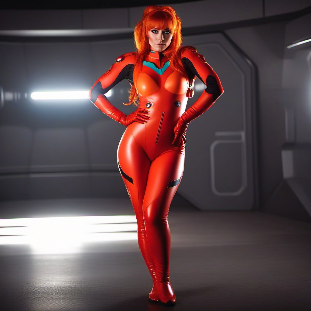 cinematic photo a full body woman, red plugsuit, blue eyes, orange hair, in a spaceship  <lora:Asuka1024:0.8> . 35mm photograph, film, bokeh, professional, 4k, highly detailed