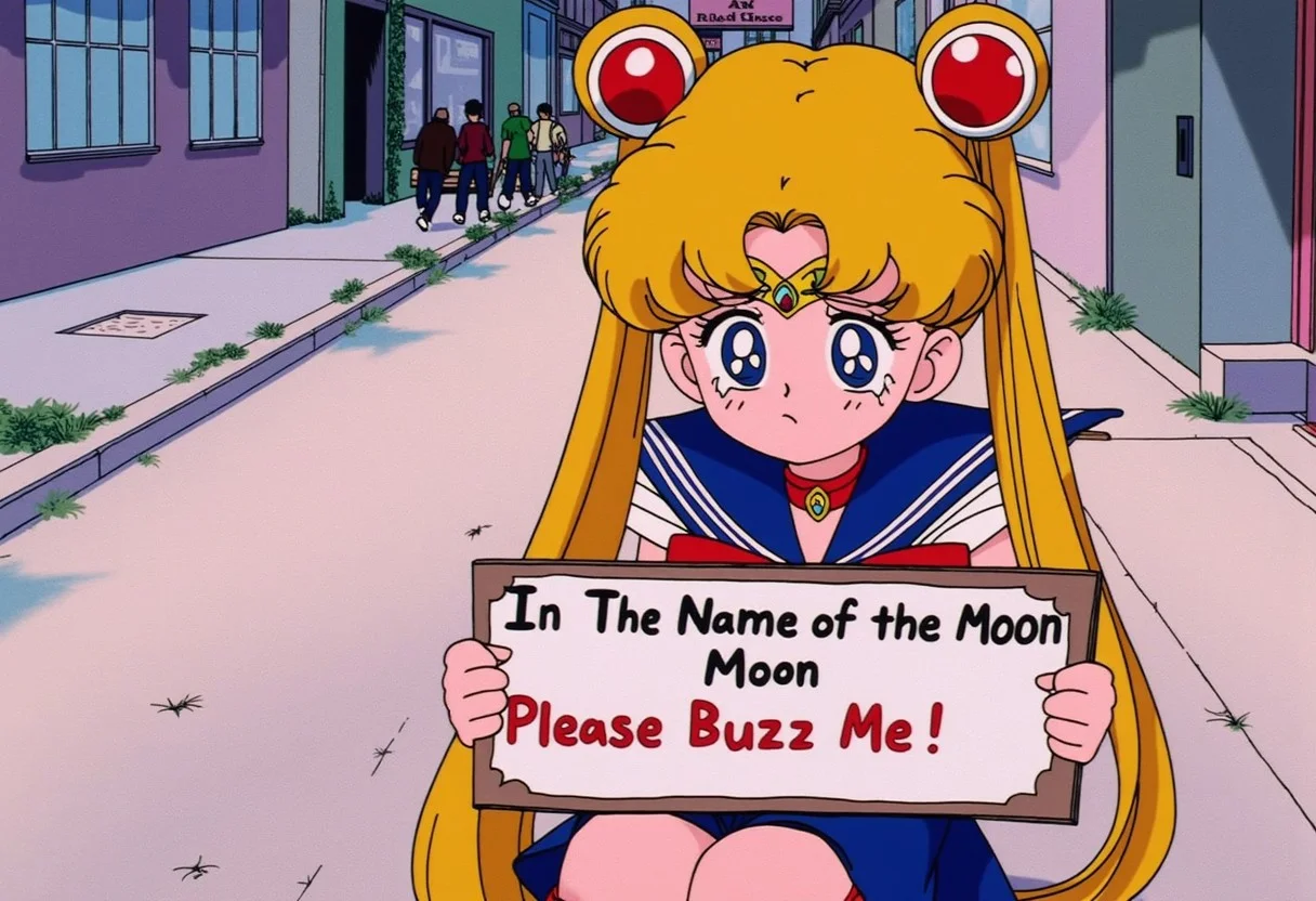 (Fantasy art style with some form of semi-realism), Semi-Realism, <lora:slrmn_flux_EliPot:1> sailor moon, , blue eyes, blonde hair, twintails), holding a sign " In The Name of the Moon Please Buzz Me! " , crying female, blushing, tears falling/rolling down her eyes, background poor village/town, sailor moon sitting at a bench crying and begging, anime
