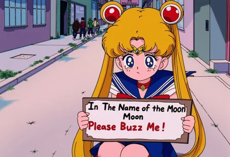 (Fantasy art style with some form of semi-realism), Semi-Realism, <lora:slrmn_flux_EliPot:1> sailor moon, , blue eyes, blonde hair, twintails), holding a sign " In The Name of the Moon Please Buzz Me! " , crying female, blushing, tears falling/rolling down her eyes, background poor village/town, sailor moon sitting at a bench crying and begging, anime