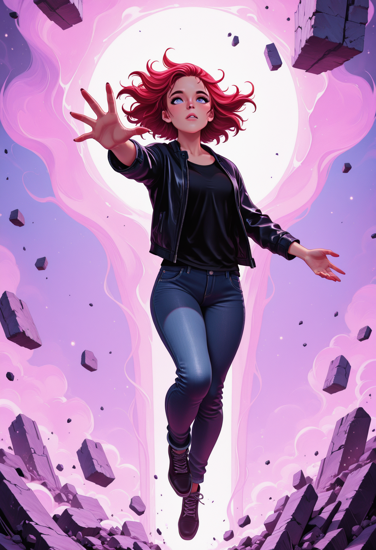 masterpiece, best quality, amazing quality, 1girl,, solo, ,,<lora:lavenderAndTeal_illustrious_byJaneB:1>, lavenderandteal,
<lora:jesseFaden_illustrious_byJaneB:1> 1girl, solo, jeans, black shirt, jacket, outstretched hand, floating, debris,