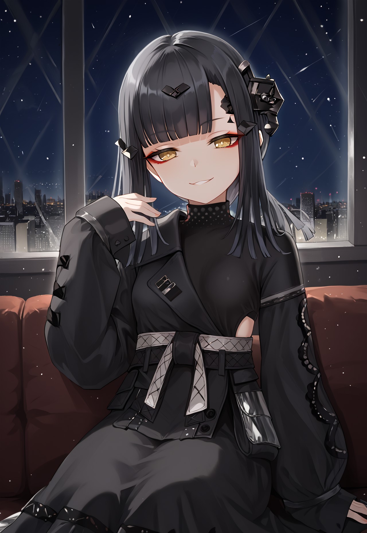 Mercurows, black hair, blunt bangs, long hair, black dress, long sleeves, sleeves past wrists, hair ornament, headgear, sleeves past fingers, yellow eyes, small breasts, red eyeliner, silver sash, ponytail,

looking down, head tilt, hand up, sitting, light smile, half-closed eyes, smug,
 
window, city, cityscape, dark, night, night sky,

1girl, solo, solo focus, highres, absurdres, light particles, shade, lens flare, shiny skin, fine fabric emphasis,