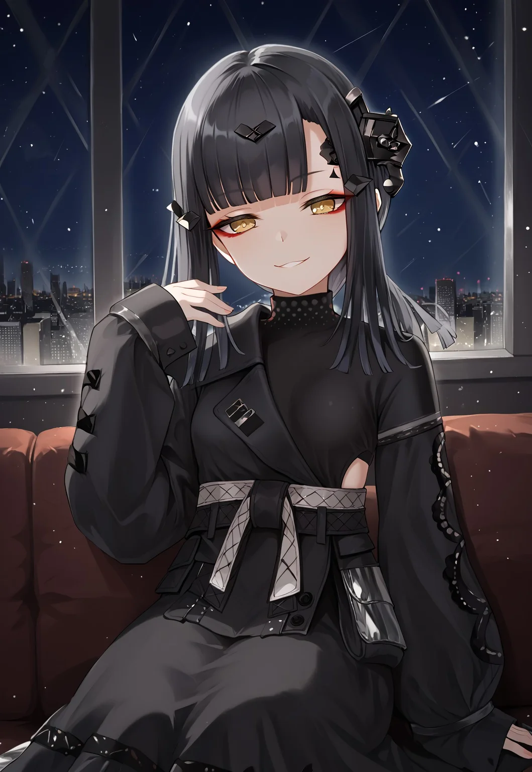 Mercurows, black hair, blunt bangs, long hair, black dress, long sleeves, sleeves past wrists, hair ornament, headgear, sleeves past fingers, yellow eyes, small breasts, red eyeliner, silver sash, ponytail,
looking down, head tilt, hand up, sitting, light smile, half-closed eyes, smug,
window, city, cityscape, dark, night, night sky,
1girl, solo, solo focus, highres, absurdres, light particles, shade, lens flare, shiny skin, fine fabric emphasis,