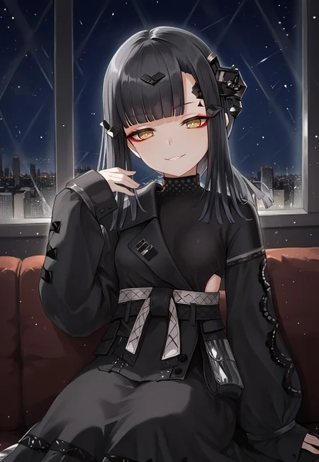 Mercurows, black hair, blunt bangs, long hair, black dress, long sleeves, sleeves past wrists, hair ornament, headgear, sleeves past fingers, yellow eyes, small breasts, red eyeliner, silver sash, ponytail,

looking down, head tilt, hand up, sitting, light smile, half-closed eyes, smug,
 
window, city, cityscape, dark, night, night sky,

1girl, solo, solo focus, highres, absurdres, light particles, shade, lens flare, shiny skin, fine fabric emphasis,